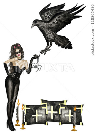 Watercolor set of autumn illustrations for Halloween with pumpkins, candles, raven, broom, witch, book. Happy Halloween party invitation or greeting card set for design of cards, posters. 118865456