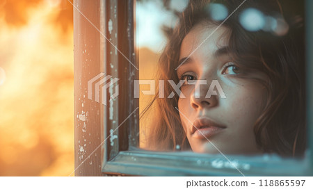 Portrait of a girl looking out the window 118865597
