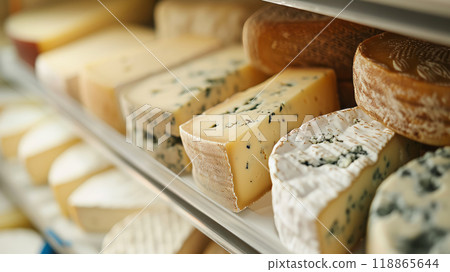 Close-up of cheese on display. 118865644
