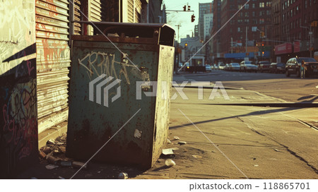 Garbage can on a city street Garbage can on a city street 118865701