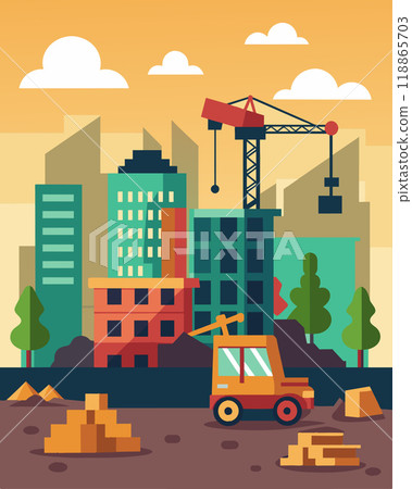 A once bustling construction site now stands still with halffinished buildings and idle machinery reflecting the sharp decline in the real estate market.. Vector illustration. A once bustling construction site now stands still with halffinished buildings and idle machinery reflecting the sharp decline in the real estate market.. Vector illustration. 118865703