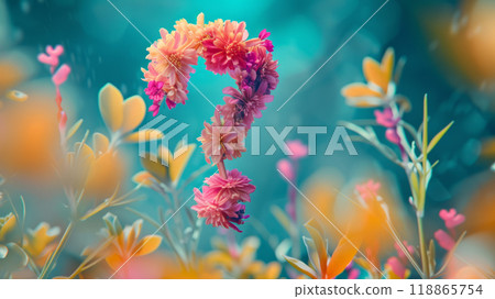 A question mark made of flowers levitates in a clearing 118865754