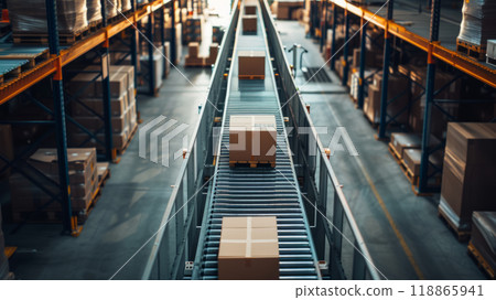 Conveyor belt with cardboard boxes in production 118865941