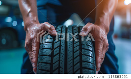 Close-up of a man's hands holding a car wheel 118865961