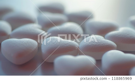 Close-up of small heart-shaped pills. 118865969