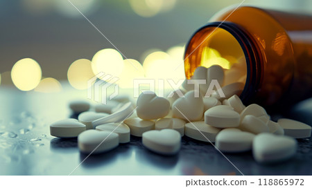 Scattered white pills in the shape of a heart. 118865972