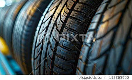 Car tires on a store shelf 118865990