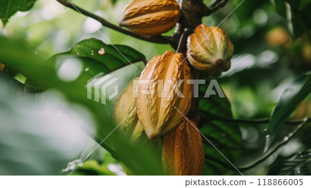 Cocoa beans growing on a tree 118866005