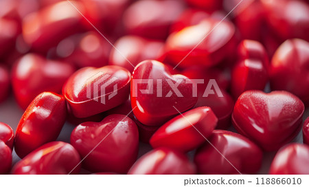 Close-up of small red pills in the shape of a heart. 118866010