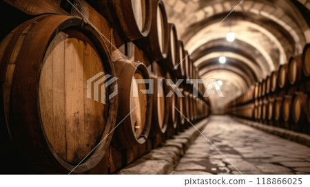 Cellar with wooden barrels. 118866025