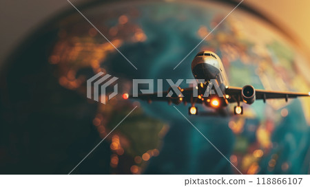 Airplane model against the background of the globe 118866107