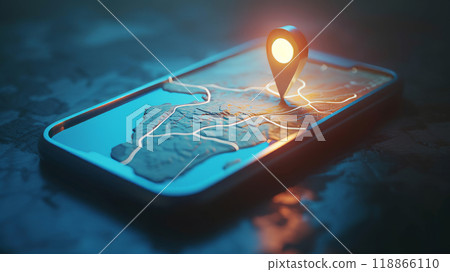 Geolocation marker above the smartphone screen. 118866110