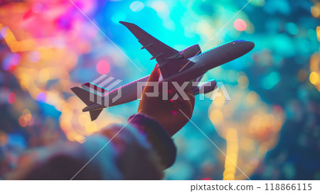 A child's hand holds a model of a passenger plane. 118866115