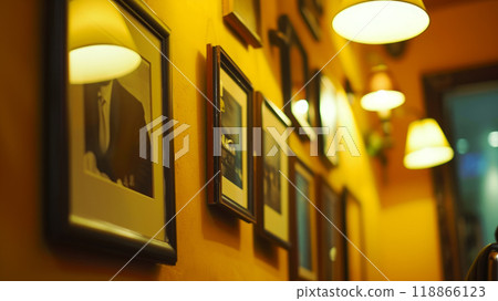 A yellow wall hung with framed photographs. 118866123