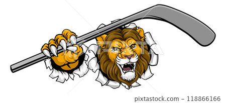 Lion Ice Hockey Team Sports Animal Cartoon Mascot Lion Ice Hockey Team Sports Animal Cartoon Mascot 118866166