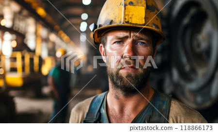 Portrait of a worker wearing a yellow hard hat. 118866173