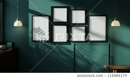 Room interior. Photo frames hanging on the wall. 118866174