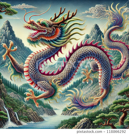 A dragon flying through the sky in a mysterious place in China 118866292