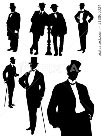 London gentlemen black and white silhouettes. 3d hand drawn vector illustration 118866324