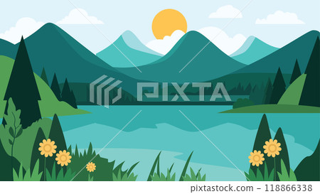 Peaceful Nature Landscape of Mountain and Lake River with Sun in Green Forest 118866338