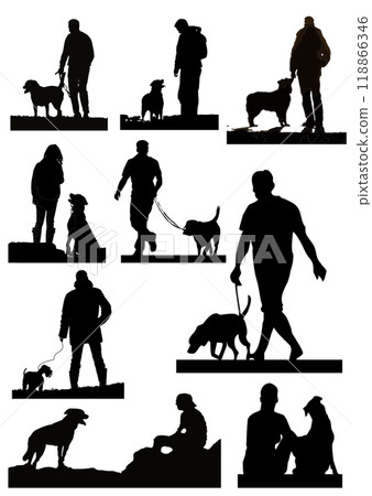 Black and White man and dog silhouettes. Hand drawn Vector illustration Black and White man and dog silhouettes. Hand drawn Vector illustration 118866346
