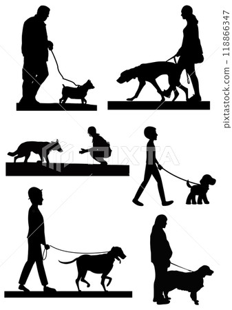 Black and White man and dog silhouettes. Hand drawn Vector illustration 118866347