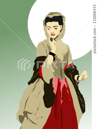 Beautiful Lady in Historical Vintage Dress of 19th Century. Victorian English or French Female Character. 3d hand drawn Vector Illustration 118866351