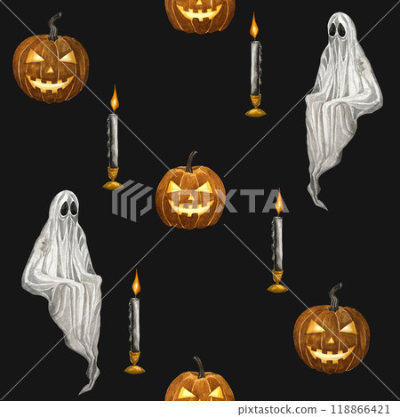 Hellowen seamless pattern. Watercolor hand drawn endless texture. Gothic and scarry festive ornament. Helloween decorations, pumpkins, witch, candle, raven, ghost, broom. Hellowen seamless pattern. Watercolor hand drawn endless texture. Gothic and scarry festive ornament. Helloween decorations, pumpkins, witch, candle, raven, ghost, broom. 118866421