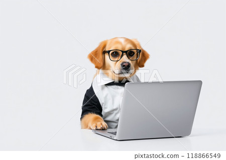 戴著眼鏡在電腦上工作的狗 118866549