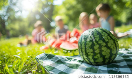 Close-up of a watermelon on a checkered bedspread. 118866585