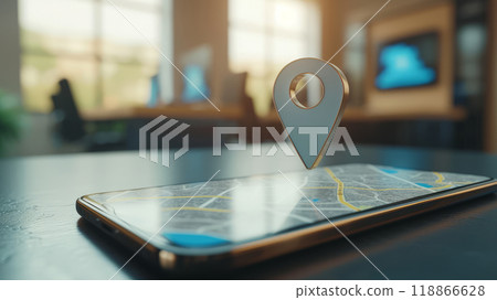 Geolocation marker above the smartphone screen 118866628