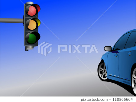 Traffic light on the background of a cloudy sky with car image. 3d color vector illustration Traffic light on the background of a cloudy sky with car image. 3d color vector illustration 118866664
