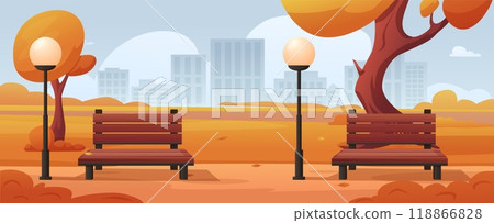 Autumn city park. Empty public garden with lanterns and benches. Fall time, orange leaves falling. Urban zone for resting, nowaday vector landscape 118866828