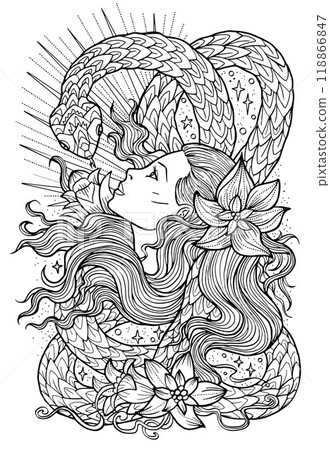 Hand drawn line art illustration with beautiful girl and snake - symbol of the year according to eastern horoscope. Graphic artwork for coloring page. Esoteric, gothic and mystic concept Hand drawn line art illustration with beautiful girl and snake - symbol of the year according to eastern horoscope. Graphic artwork for coloring page. Esoteric, gothic and mystic concept 118866847