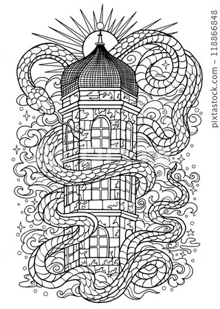 Hand drawn line art illustration with old tower and snake - symbol of the year according to eastern horoscope. Graphic artwork for coloring page. Esoteric, gothic and mystic concept 118866848