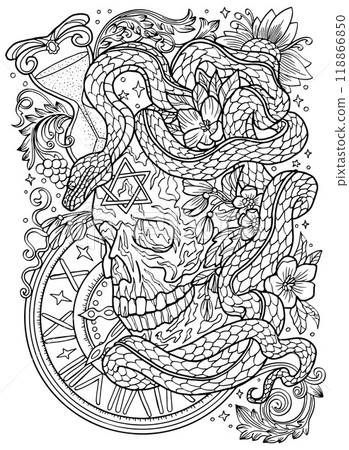 Hand drawn line art illustration with skull, old watch and snake - symbol of the year according to eastern horoscope. Graphic artwork for coloring page. Esoteric, gothic and mystic concept Hand drawn line art illustration with skull, old watch and snake - symbol of the year according to eastern horoscope. Graphic artwork for coloring page. Esoteric, gothic and mystic concept 118866850