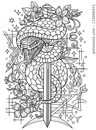 Hand drawn line art illustration with sword and snake - symbol of the year according to eastern horoscope. Graphic artwork for coloring page. Esoteric, gothic and mystic concept Hand drawn line art illustration with sword and snake - symbol of the year according to eastern horoscope. Graphic artwork for coloring page. Esoteric, gothic and mystic concept 118866851