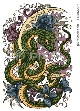 Hand drawn colorful illustration with moon, flowers and snake - symbol of the year according to eastern horoscope. Esoteric, gothic and mystic graphic artwork 118866853