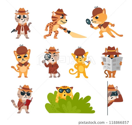 Funny cat detectives. Suspicious cat watches from bushes, investigation crime. Kitten with binoculars and magnifying glass searching, classy vector characters Funny cat detectives. Suspicious cat watches from bushes, investigation crime. Kitten with binoculars and magnifying glass searching, classy vector characters 118866857