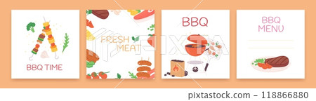 Barbeque cards. BBQ tools equipment and food, menu cover and frame. Meat sausage grilled and fresh vegetables. Outdoor time and meals vector design 118866880