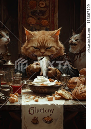 A Cat Gluttony: A rotund cat sits at an overflowing medieval feast table, piled high with fish, bread, and jugs of cream. medieval illustration of 7 capital sins 118867109
