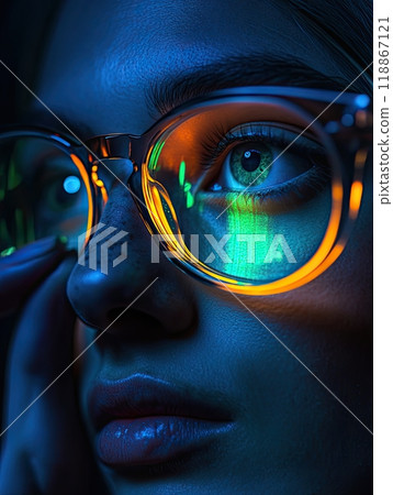 Girl woman Eyeglasses The skin around the right glows like a green neon light shining through the glass. 118867121