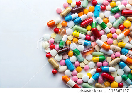 Many different colorful medication and pills on white background. Top view. Copy space Many different colorful medication and pills on white background. Top view. Copy space 118867197