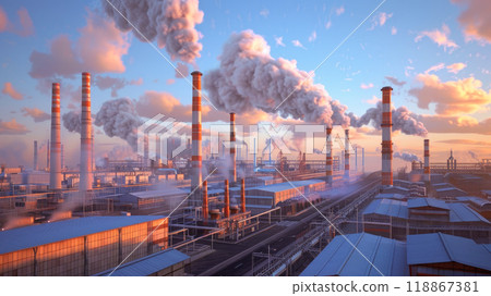 Industrial factories with towering smokestacks belch clouds of steam into the sky. Industrial factories with towering smokestacks belch clouds of steam into the sky. 118867381