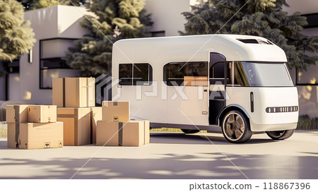 Futuristic electric van with cardboard boxes on the street. 118867396
