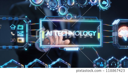Businessman is interacting with a futuristic artificial intelligence concept Businessman is interacting with a futuristic artificial intelligence concept 118867423