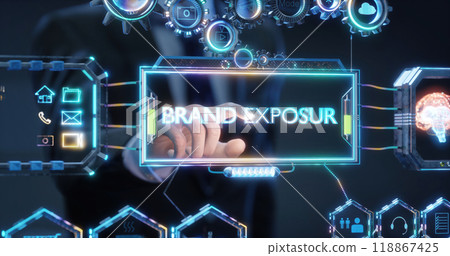 Businessman selecting brand exposure on virtual touchscreen interface Businessman selecting brand exposure on virtual touchscreen interface 118867425