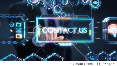 Businessman choosing contact us button in futuristic interface 118867427