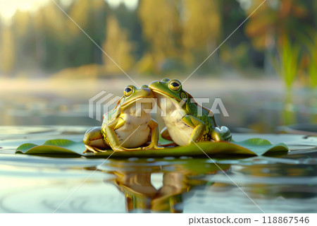 Two frogs in love are sitting on a lily pad, they have a date. The frogs are in love. 118867546