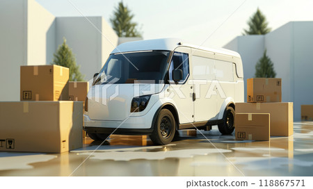 White futuristic electric van with cardboard boxes around. 118867571